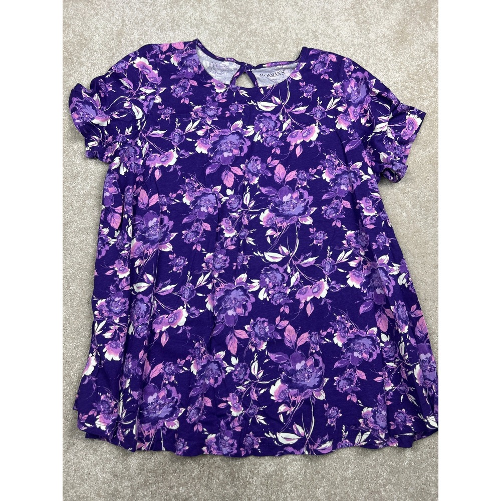 Roaman's Plus Size 18/20 Purple Floral Cotton Tunic Top Keyhole Back Cottagecore